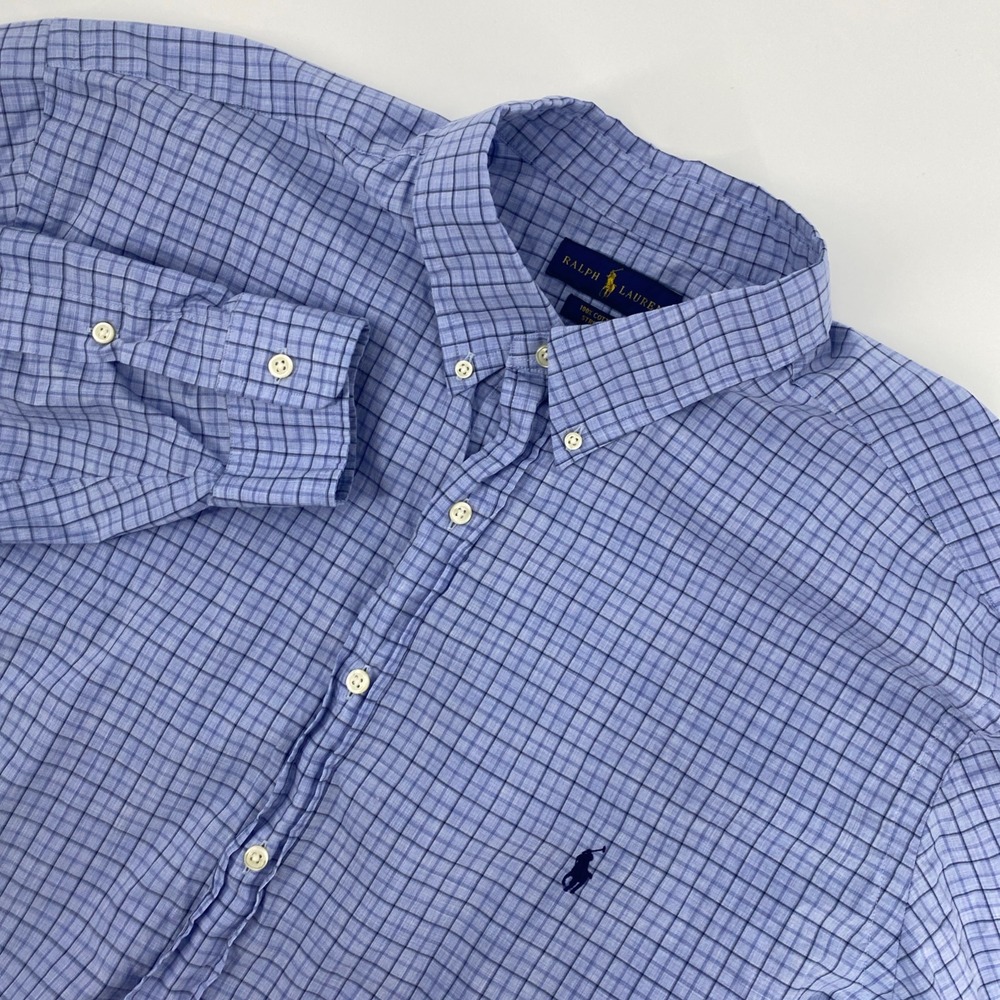Ralph Lauren Button Down Shirt Mens 2XLT Blue Grid Stretch Preppy Classic Office